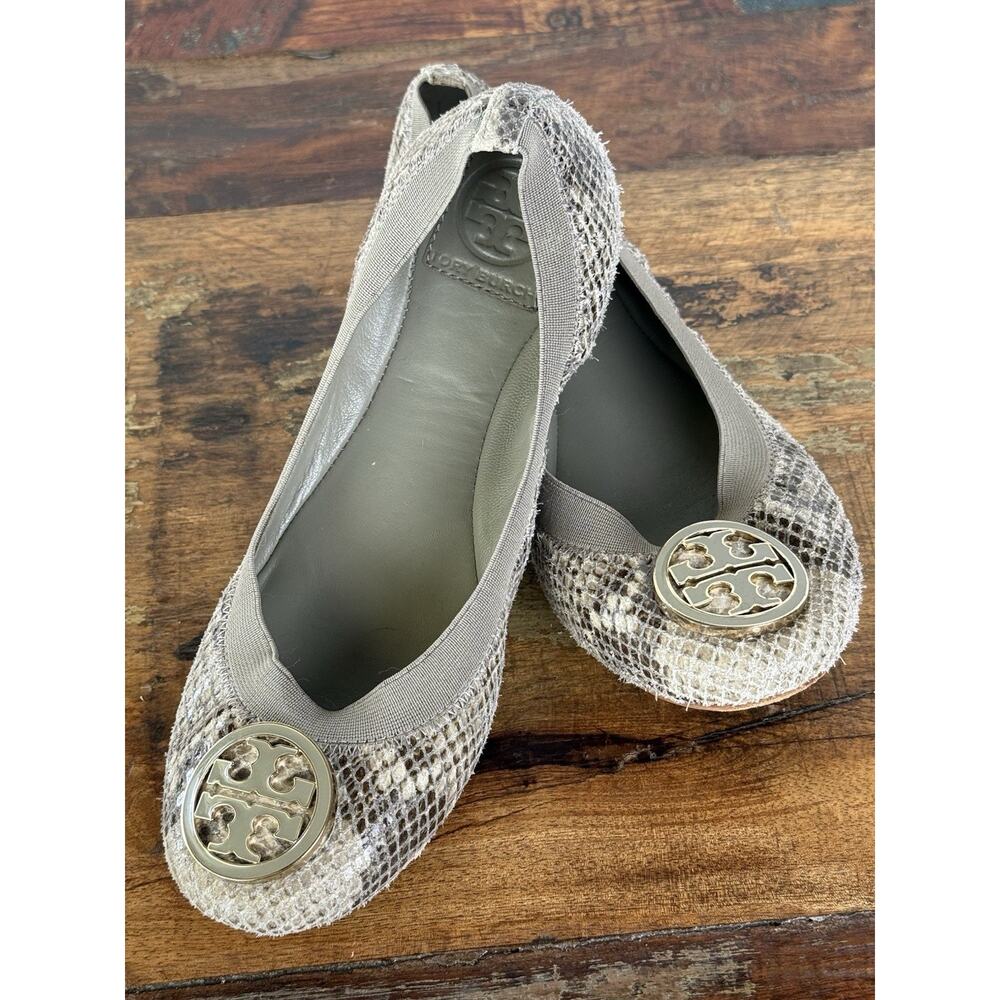 Tory Burch Reva Ballet Flats Haircalf Snakeskin Print Leather Shoes 7.5M Gold - Picture 16 of 16